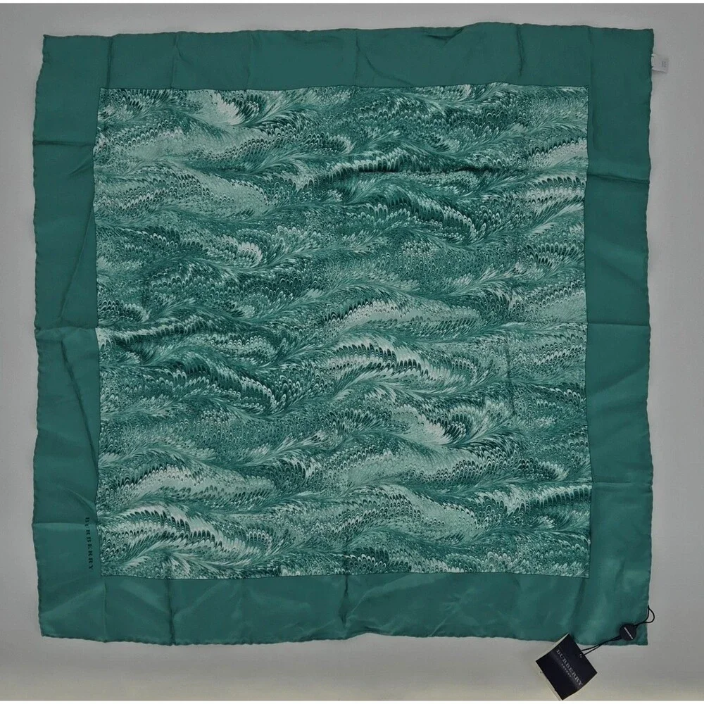 NWT Burberry London 100% Silk Scarf In Sea Green Wave Pattern ~27x27‎ Summer